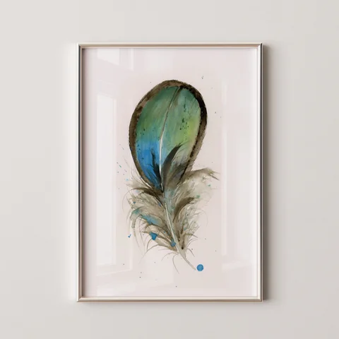 Image of a feather watercolor painting by Shayna Larsen, originals & prints available