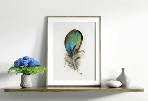 Image of a feather watercolor painting by Shayna Larsen, originals & prints available
