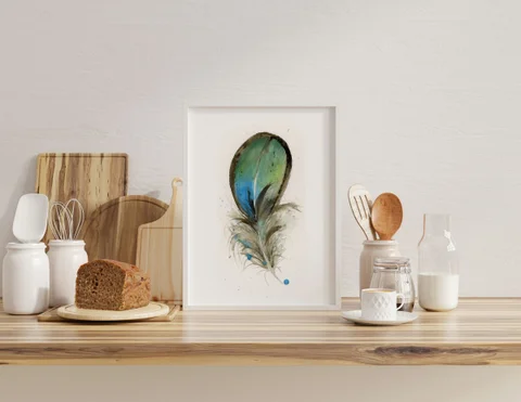 Image of a feather watercolor painting by Shayna Larsen, originals & prints available