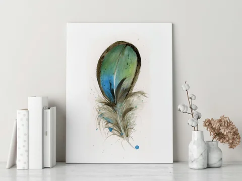 Image of a feather watercolor painting by Shayna Larsen, originals & prints available