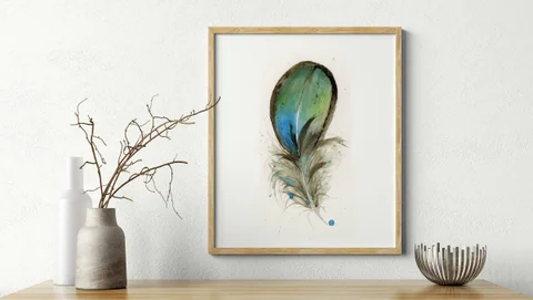 Image of a feather watercolor painting by Shayna Larsen, originals & prints available