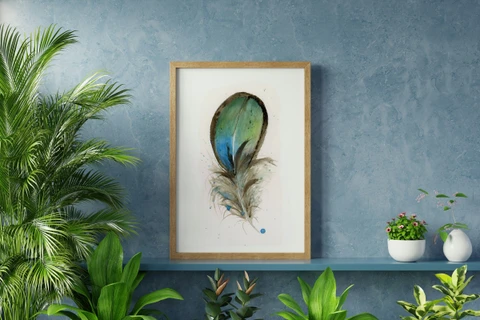 Image of a feather watercolor painting by Shayna Larsen, originals & prints available
