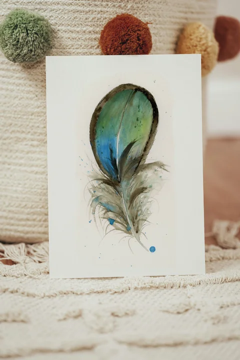 Image of a feather watercolor painting by Shayna Larsen, originals & prints available
