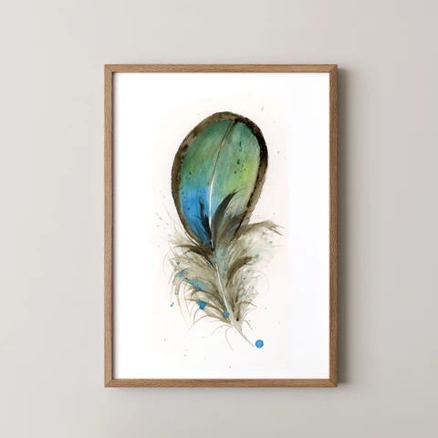 Image of a feather watercolor painting by Shayna Larsen, originals & prints available