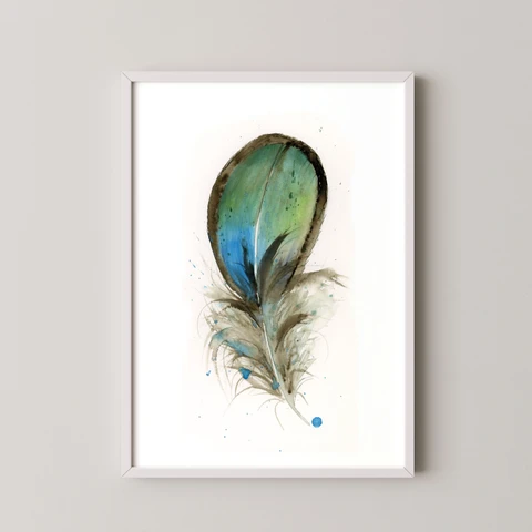 Image of a feather watercolor painting by Shayna Larsen, originals & prints available