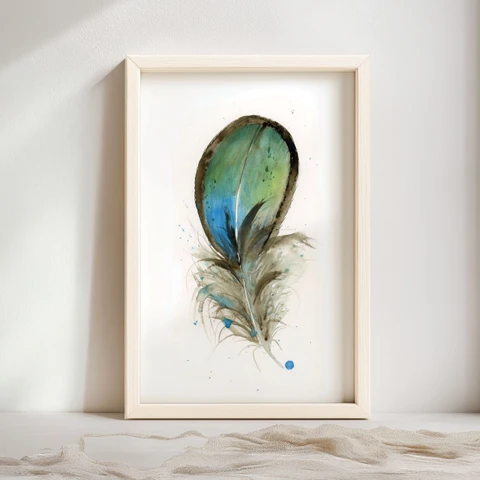 Image of a feather watercolor painting by Shayna Larsen, originals & prints available