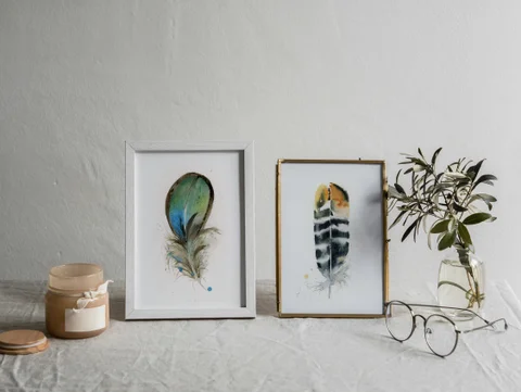 Image of a feather watercolor painting by Shayna Larsen, originals & prints available