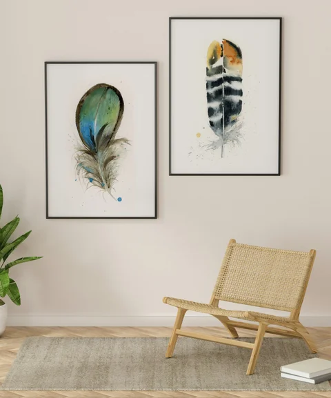 Image of a feather watercolor painting by Shayna Larsen, originals & prints available