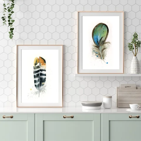 Image of a feather watercolor painting by Shayna Larsen, originals & prints available