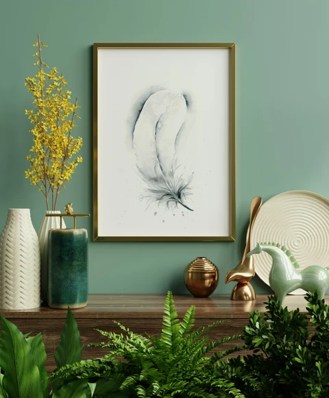 Image of a feather watercolor painting by Shayna Larsen, originals & prints available