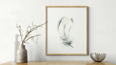 Image of a feather watercolor painting by Shayna Larsen, originals & prints available