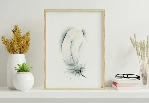 Image of a feather watercolor painting by Shayna Larsen, originals & prints available