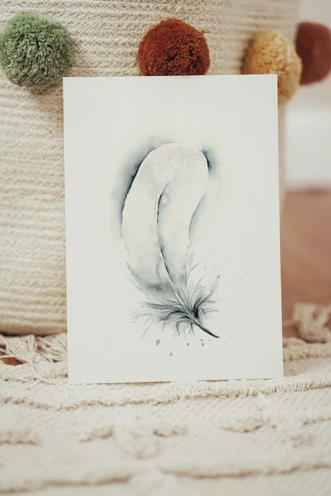Image of a feather watercolor painting by Shayna Larsen, originals & prints available