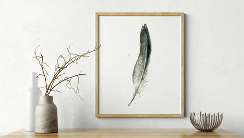 Image of a feather watercolor painting by Shayna Larsen, originals & prints available