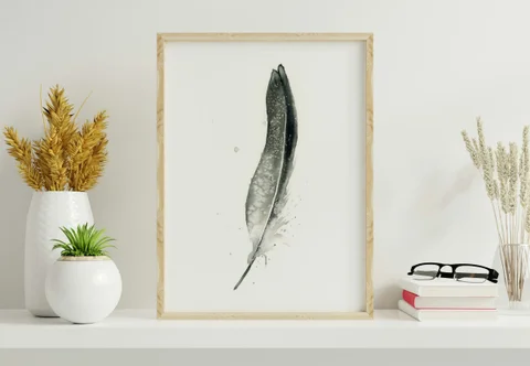 Image of a feather watercolor painting by Shayna Larsen, originals & prints available