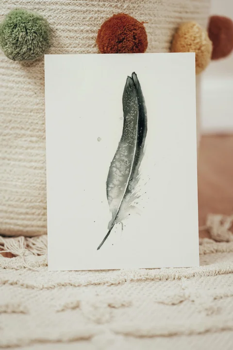 Image of a feather watercolor painting by Shayna Larsen, originals & prints available
