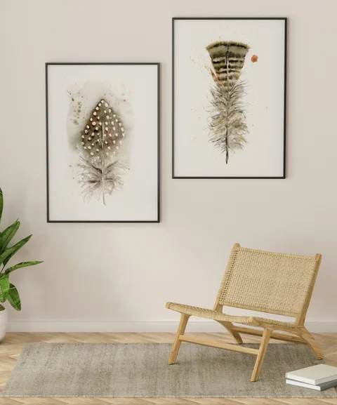 Image of a feather watercolor painting by Shayna Larsen, originals & prints available