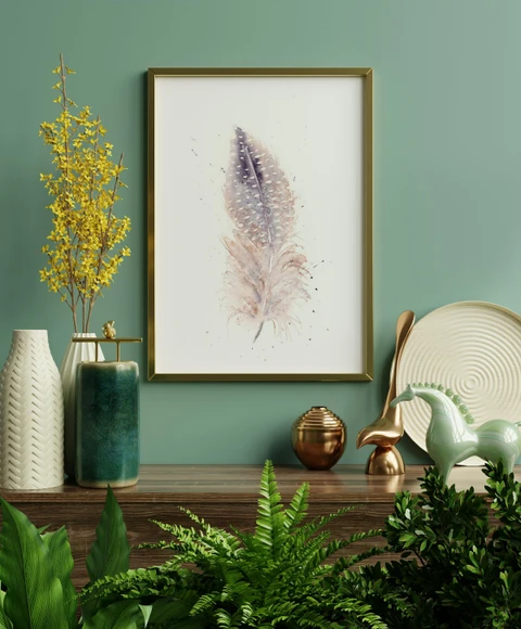 Image of a feather watercolor painting by Shayna Larsen, originals & prints available