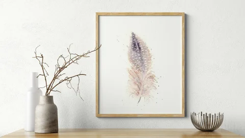 Image of a feather watercolor painting by Shayna Larsen, originals & prints available