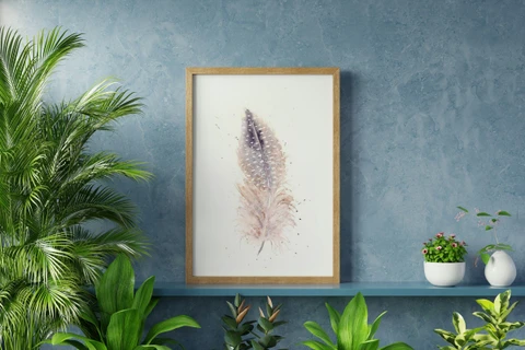 Image of a feather watercolor painting by Shayna Larsen, originals & prints available