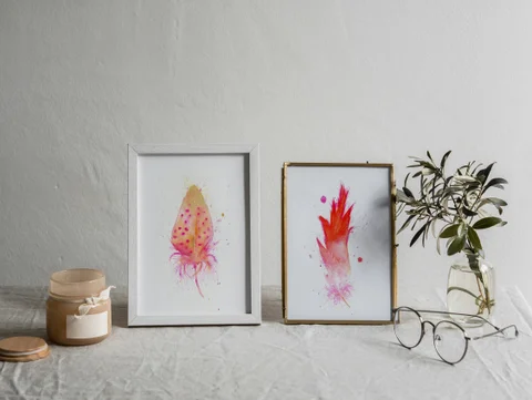 Image of a feather watercolor painting by Shayna Larsen, originals & prints available