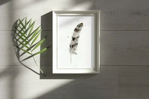Image of a feather watercolor painting by Shayna Larsen, originals & prints available