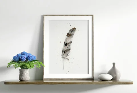 Image of a feather watercolor painting by Shayna Larsen, originals & prints available