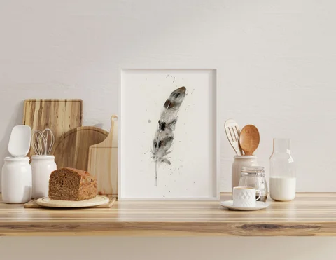 Image of a feather watercolor painting by Shayna Larsen, originals & prints available