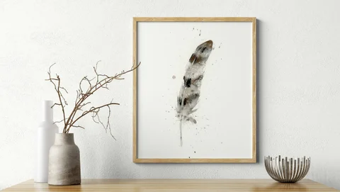 Image of a feather watercolor painting by Shayna Larsen, originals & prints available