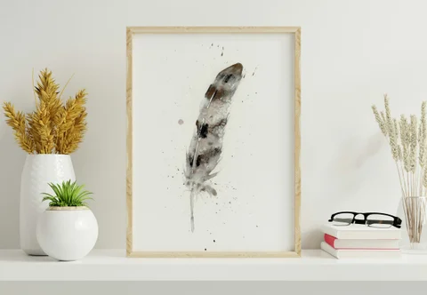 Image of a feather watercolor painting by Shayna Larsen, originals & prints available