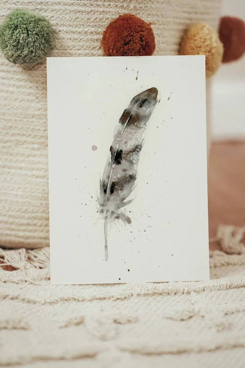 Image of a feather watercolor painting by Shayna Larsen, originals & prints available