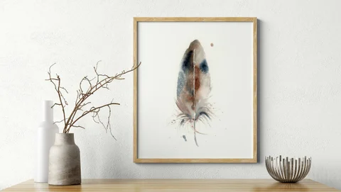 Image of a feather watercolor painting by Shayna Larsen, originals & prints available
