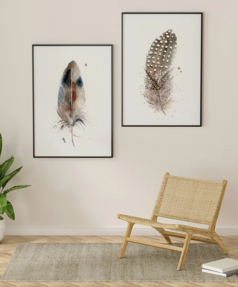 Image of a feather watercolor painting by Shayna Larsen, originals & prints available