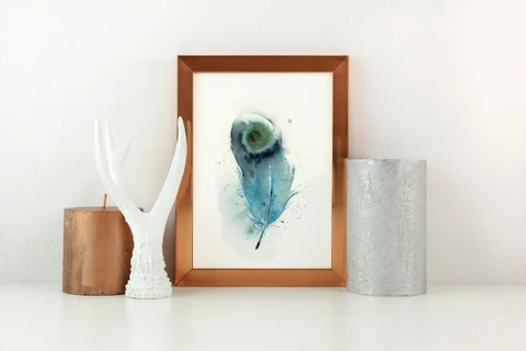 Image of a feather watercolor painting by Shayna Larsen, originals & prints available