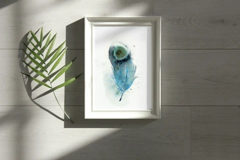 Image of a feather watercolor painting by Shayna Larsen, originals & prints available