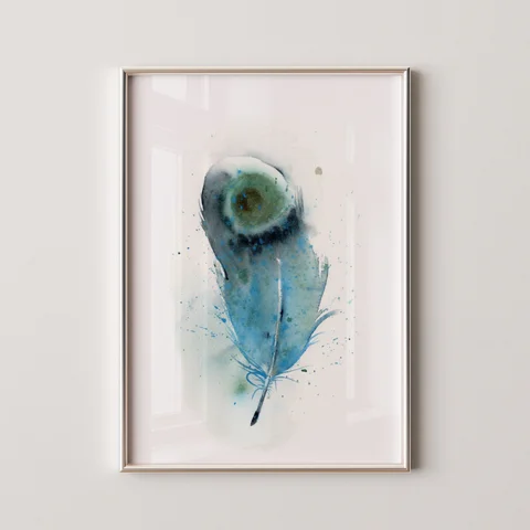 Image of a feather watercolor painting by Shayna Larsen, originals & prints available