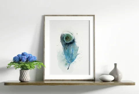 Image of a feather watercolor painting by Shayna Larsen, originals & prints available