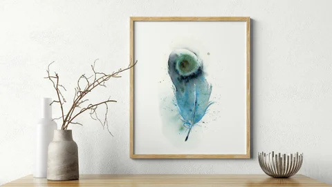 Image of a feather watercolor painting by Shayna Larsen, originals & prints available