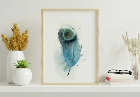 Image of a feather watercolor painting by Shayna Larsen, originals & prints available