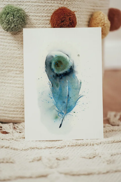 Image of a feather watercolor painting by Shayna Larsen, originals & prints available