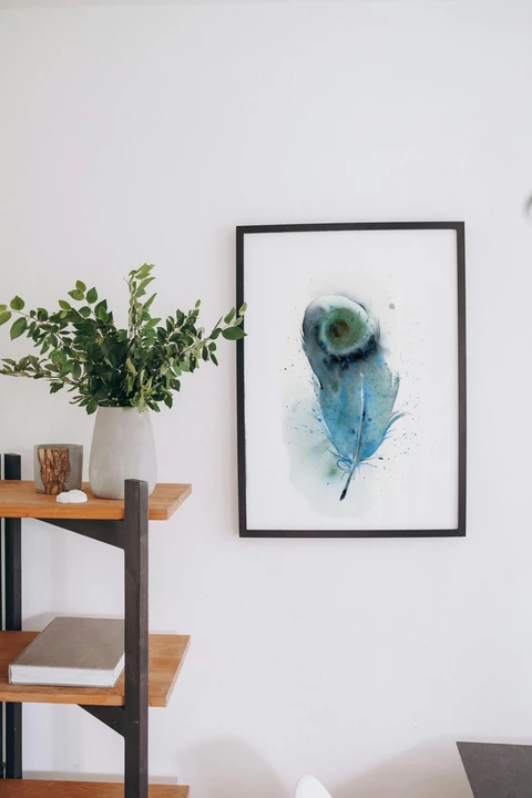 Image of a feather watercolor painting by Shayna Larsen, originals & prints available