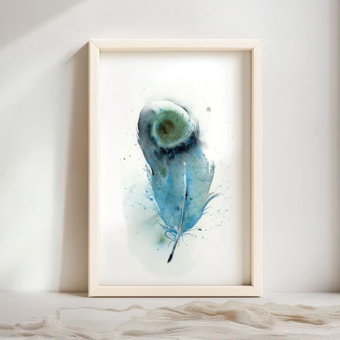 Image of a feather watercolor painting by Shayna Larsen, originals & prints available