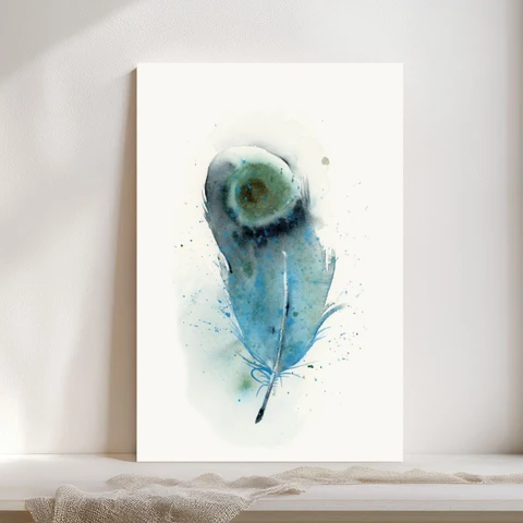 Image of a feather watercolor painting by Shayna Larsen, originals & prints available
