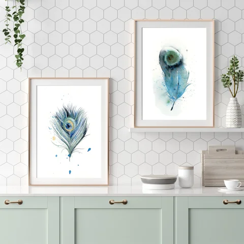 Image of a feather watercolor painting by Shayna Larsen, originals & prints available