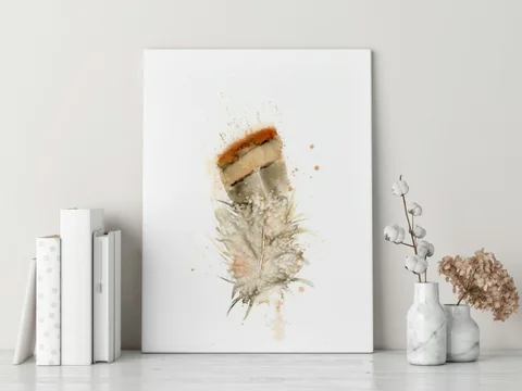 Image of a feather watercolor painting by Shayna Larsen, originals & prints available