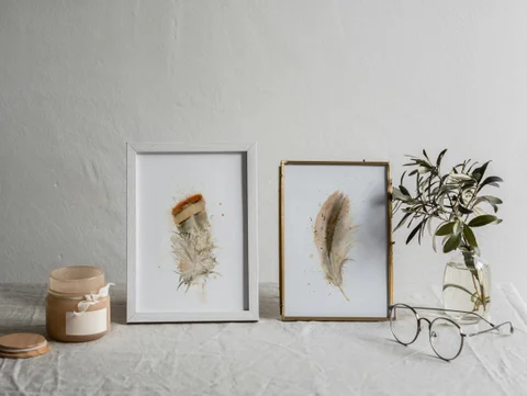 Image of a feather watercolor painting by Shayna Larsen, originals & prints available