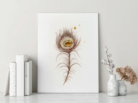 Image of a feather watercolor painting by Shayna Larsen, originals & prints available