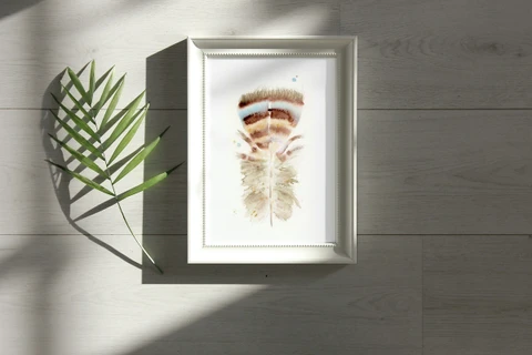 Image of a feather watercolor painting by Shayna Larsen, originals & prints available
