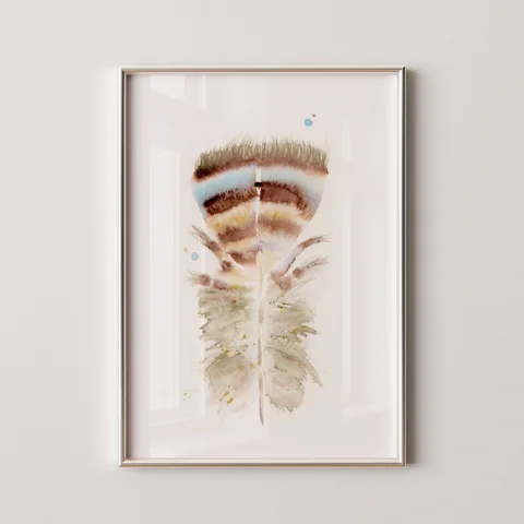 Image of a feather watercolor painting by Shayna Larsen, originals & prints available