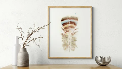 Image of a feather watercolor painting by Shayna Larsen, originals & prints available